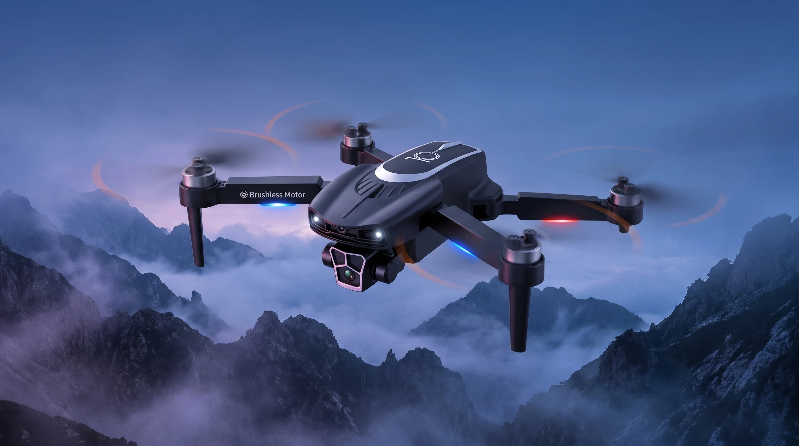 Drone S10 Pro terbang di antara pegunungan berkabut saat senja